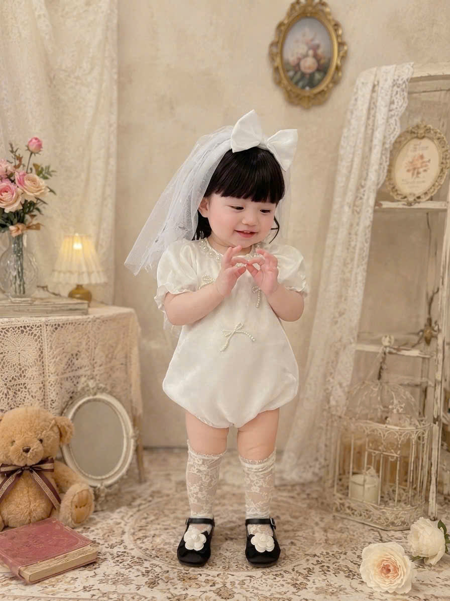 Little Pearl Silk Romper (NewBorn–12 Months) | Baby Pearl Romper with Bow Headband | Christening & Special Occasion Outfit
