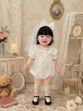 Little Pearl Silk Romper (NewBorn–12 Months) | Baby Pearl Romper with Bow Headband | Christening & Special Occasion Outfit