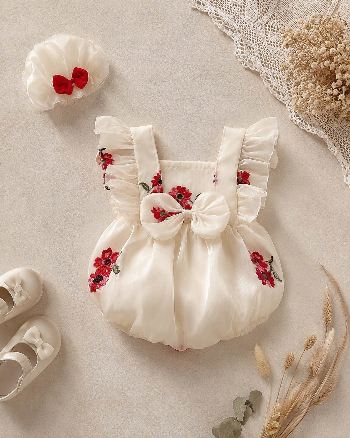 Cream Blossom Embroidered Romper (3–12 Months) | Floral Baby Romper | Everyday, Photoshoot & Special Occasion Outfit