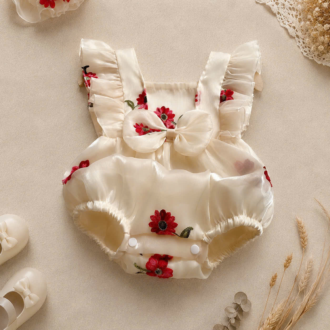Cream Blossom Embroidered Romper (3–12 Months) | Floral Baby Romper | Everyday, Photoshoot & Special Occasion Outfit