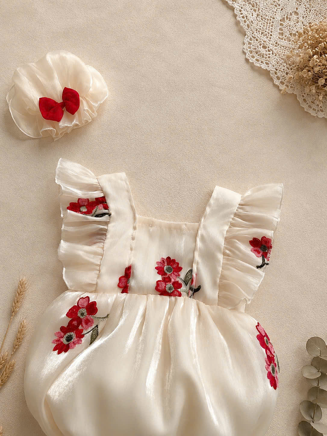 Cream Blossom Embroidered Romper (3–12 Months) | Floral Baby Romper | Everyday, Photoshoot & Special Occasion Outfit