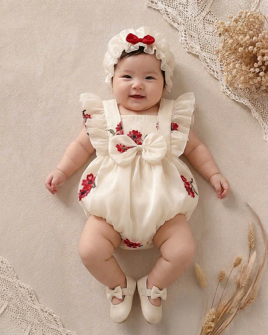 Cream Blossom Embroidered Romper (3–12 Months) | Floral Baby Romper | Everyday, Photoshoot & Special Occasion Outfit