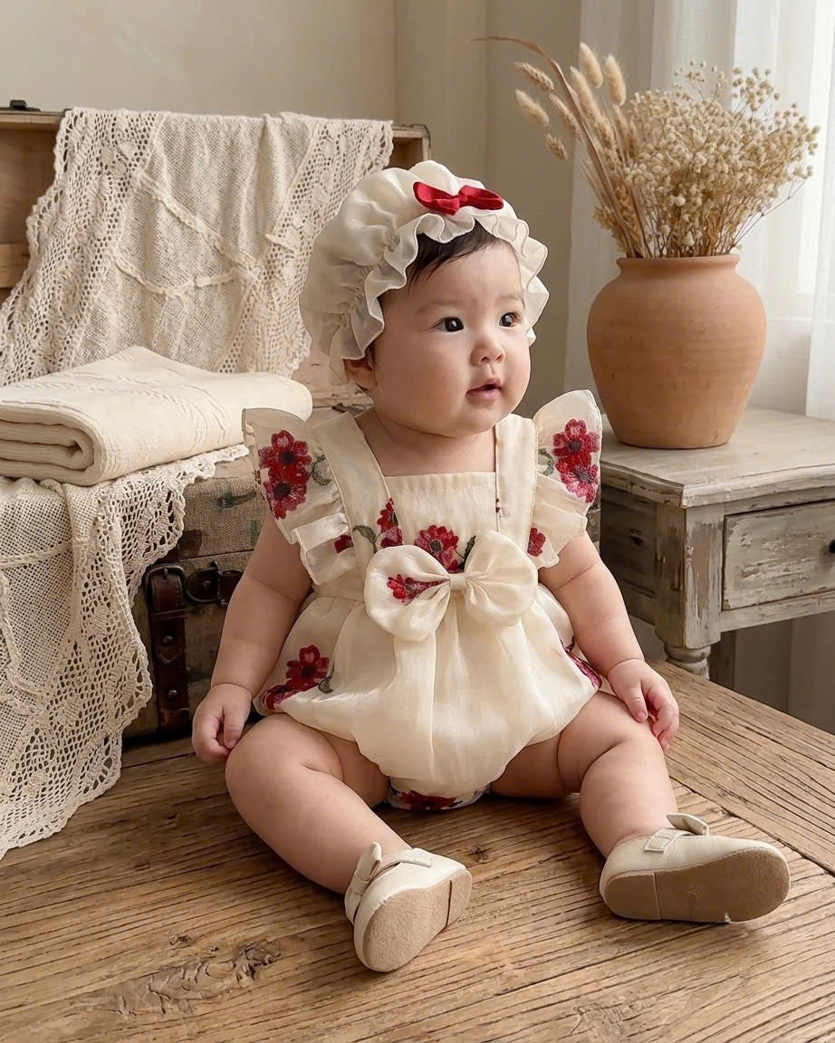 Cream Blossom Embroidered Romper (3–12 Months) | Floral Baby Romper | Everyday, Photoshoot & Special Occasion Outfit