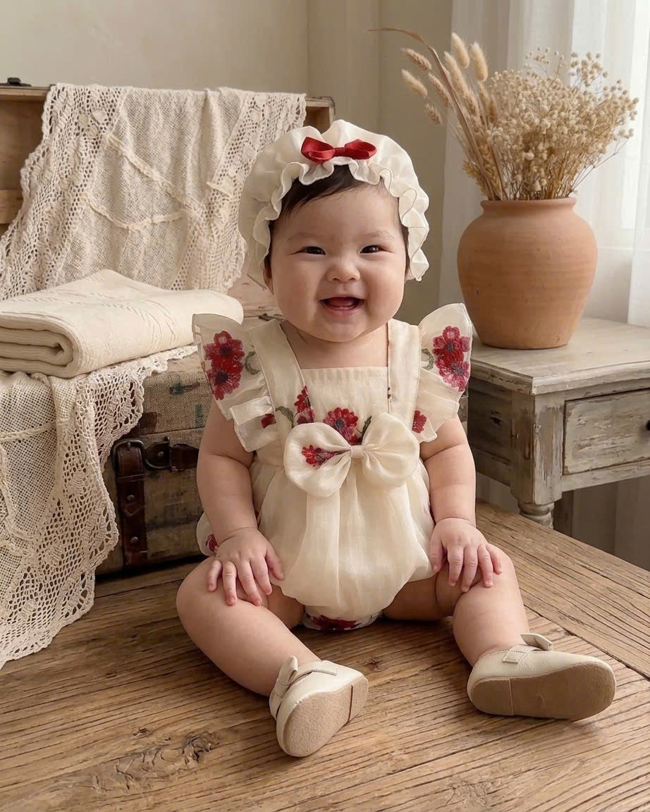 Cream Blossom Embroidered Romper (3–12 Months) | Floral Baby Romper | Everyday, Photoshoot & Special Occasion Outfit