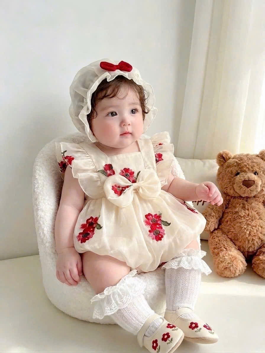 Cream Blossom Embroidered Romper (3–12 Months) | Floral Baby Romper | Everyday, Photoshoot & Special Occasion Outfit