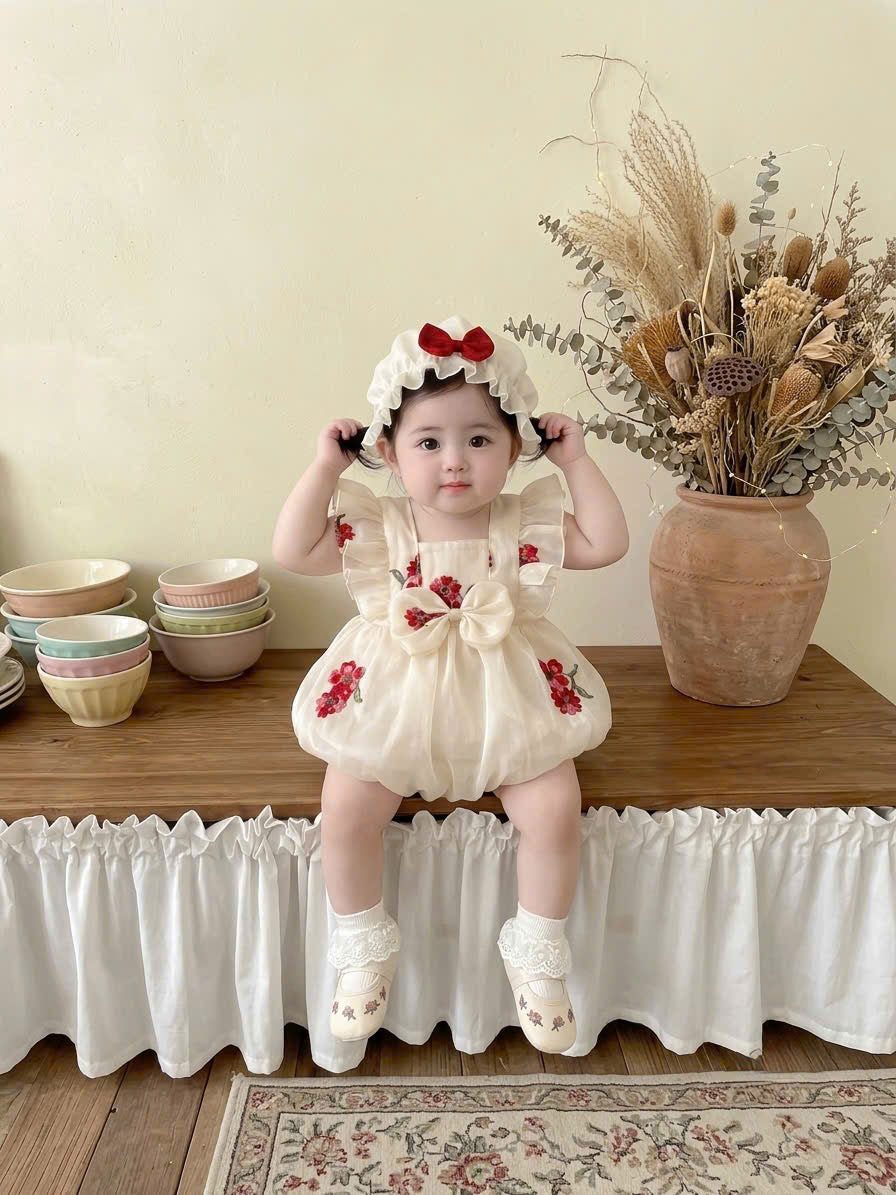 Cream Blossom Embroidered Romper (3–12 Months) | Floral Baby Romper | Everyday, Photoshoot & Special Occasion Outfit