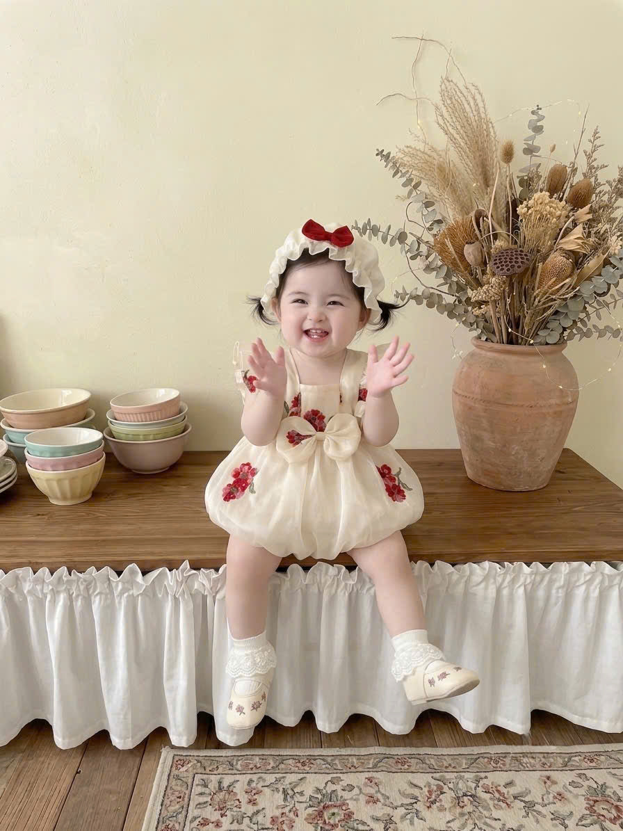 Cream Blossom Embroidered Romper (3–12 Months) | Floral Baby Romper | Everyday, Photoshoot & Special Occasion Outfit