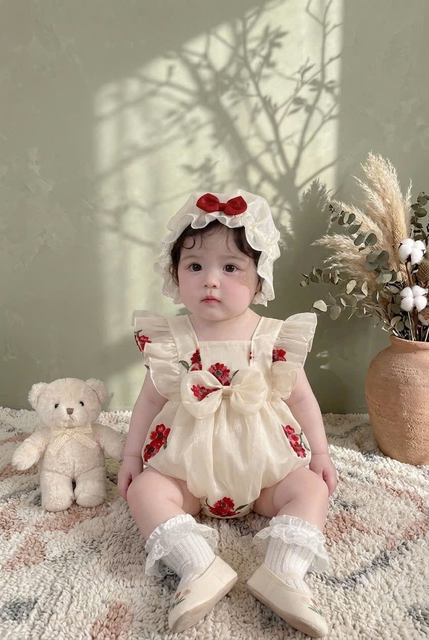 Cream Blossom Embroidered Romper (3–12 Months) | Floral Baby Romper | Everyday, Photoshoot & Special Occasion Outfit
