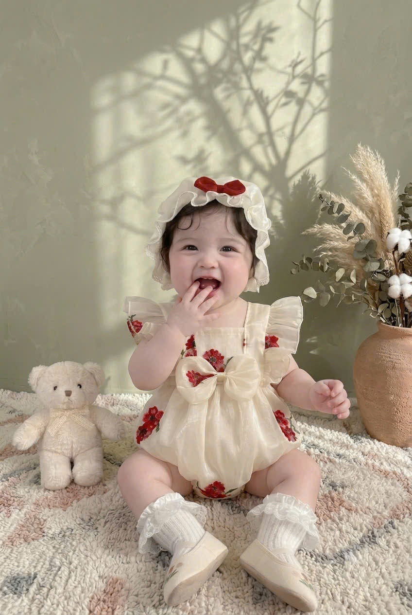 Cream Blossom Embroidered Romper (3–12 Months) | Floral Baby Romper | Everyday, Photoshoot & Special Occasion Outfit