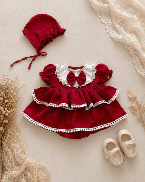 Berry Belle Romper Dress Set (Newborn–12 Months) | Baby Romper Dress with Bonnet | Vintage Everyday & Photoshoot Outfit