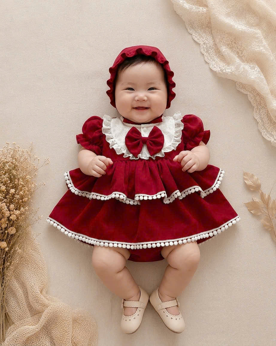 Berry Belle Romper Dress Set (Newborn–12 Months) | Baby Romper Dress with Bonnet | Vintage Everyday & Photoshoot Outfit