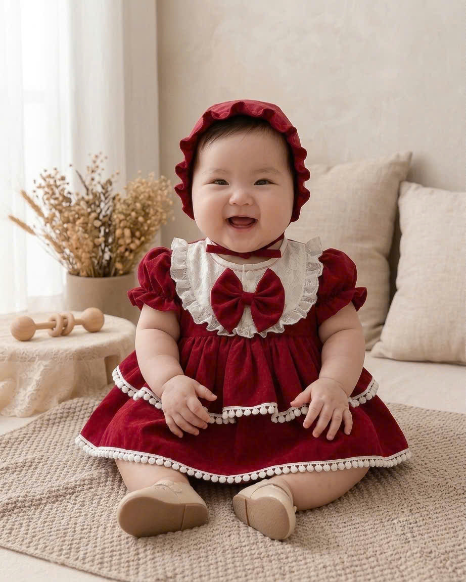 Berry Belle Romper Dress Set (Newborn–12 Months) | Baby Romper Dress with Bonnet | Vintage Everyday & Photoshoot Outfit