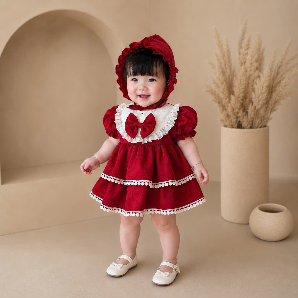 Berry Belle Romper Dress Set (Newborn–12 Months) | Baby Romper Dress with Bonnet | Vintage Everyday & Photoshoot Outfit