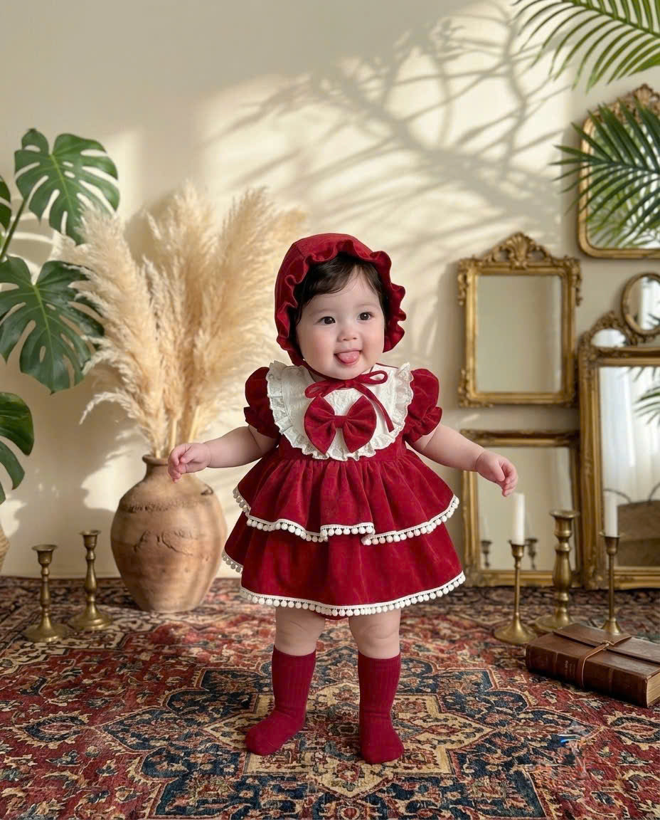 Berry Belle Romper Dress Set (Newborn–12 Months) | Baby Romper Dress with Bonnet | Vintage Everyday & Photoshoot Outfit