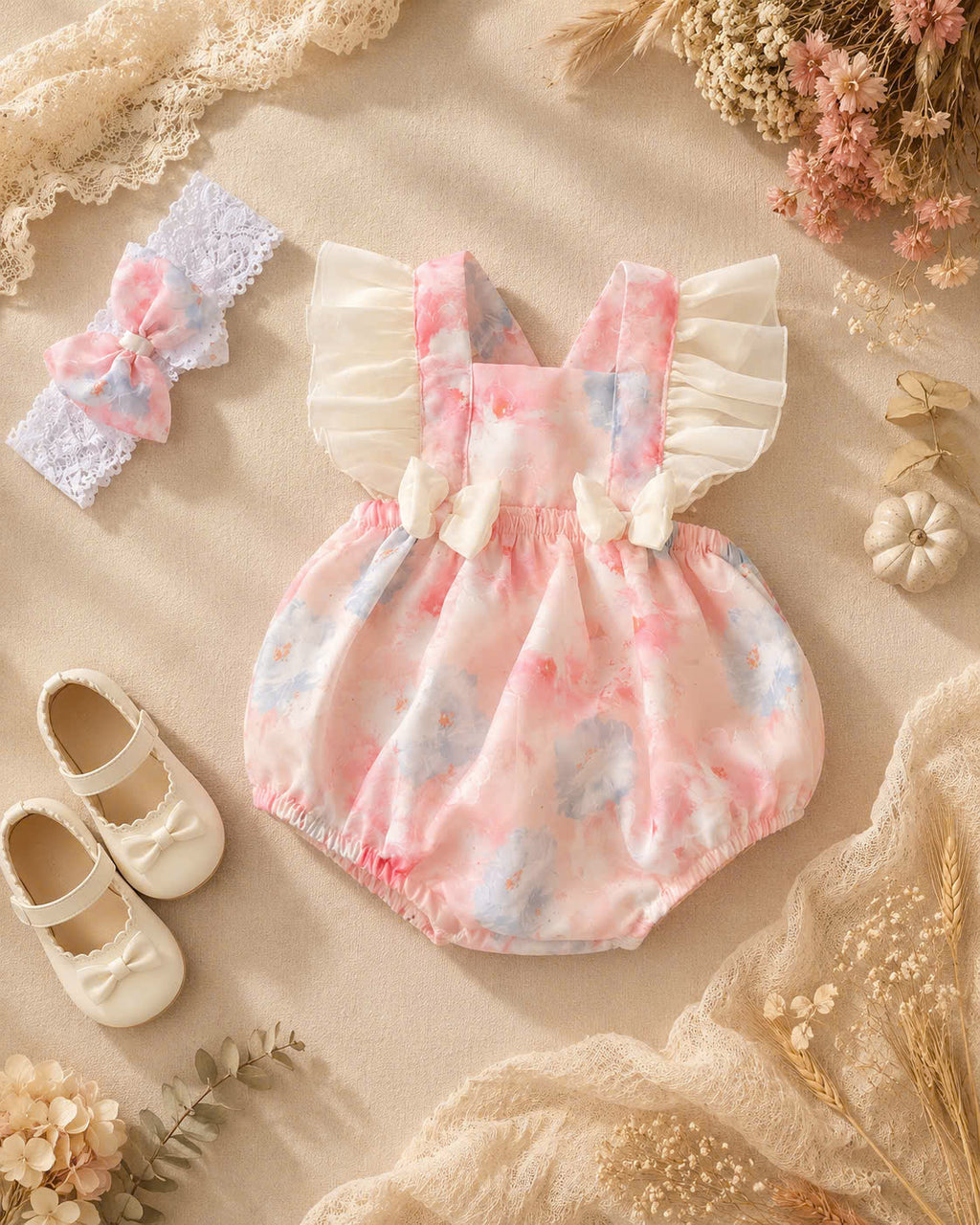 Blossom Breeze Romper (NewBorn –12 Months) | Floral Baby Romper with Headband | Everyday & Photoshoot Outfit