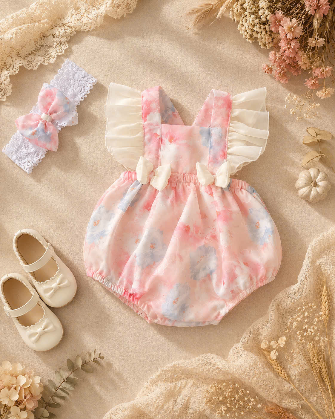 Blossom Breeze Romper (NewBorn –12 Months) | Floral Baby Romper with Headband | Everyday & Photoshoot Outfit