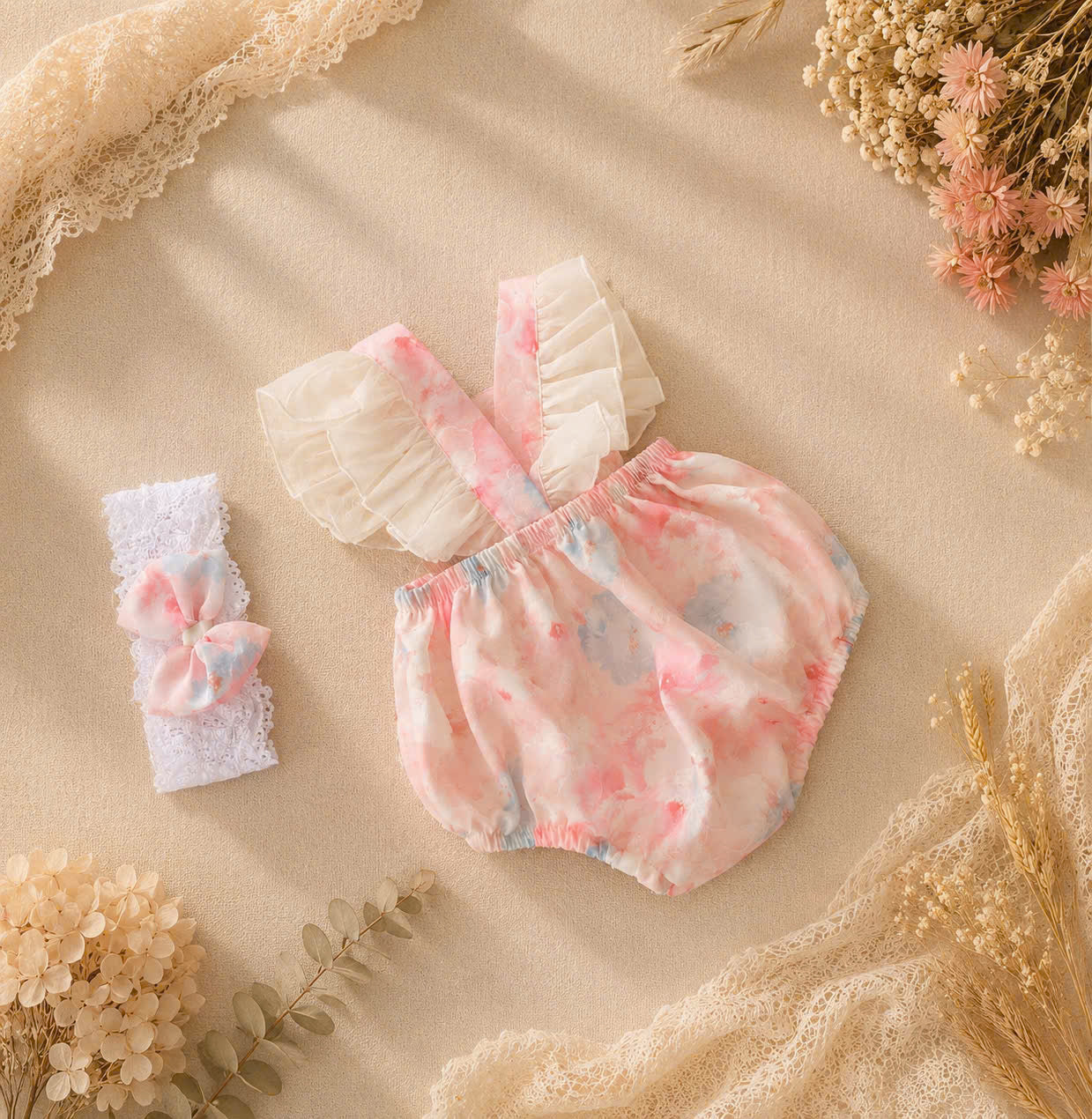 Blossom Breeze Romper (NewBorn –12 Months) | Floral Baby Romper with Headband | Everyday & Photoshoot Outfit