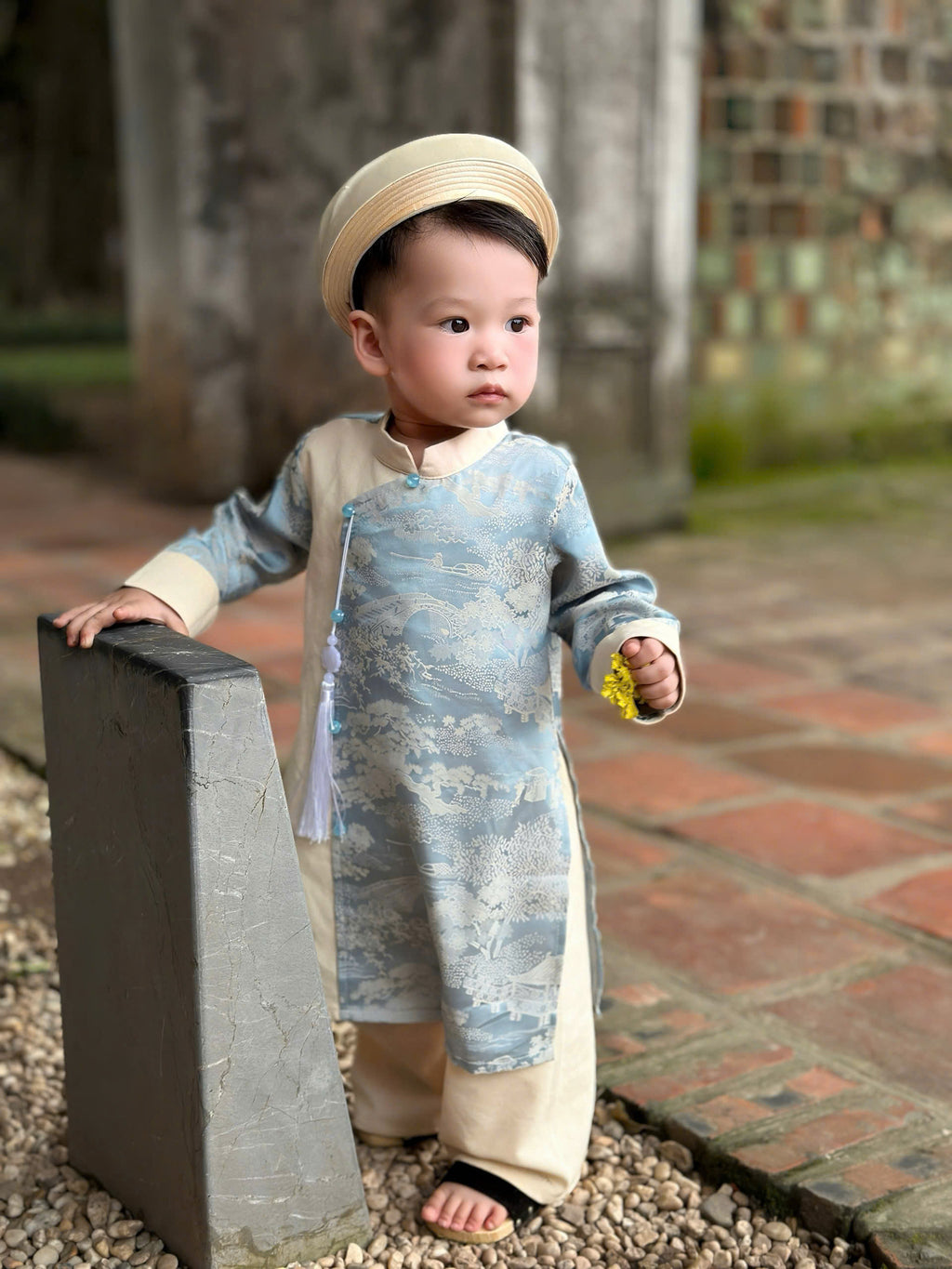 Imperial Mist Áo Dài – Cream Blue Harmony Boy Version (Newborn–9 Years) | Optional Soft Mấn & Ivory Khăn Đóng