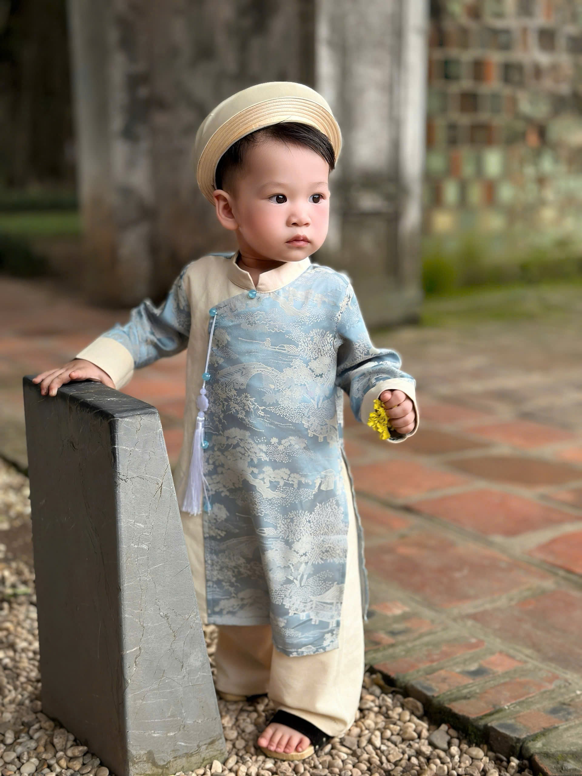 Imperial Mist Áo Dài – Cream Blue Harmony Boy Version (Newborn–9 Years) | Optional Soft Mấn & Ivory Khăn Đóng