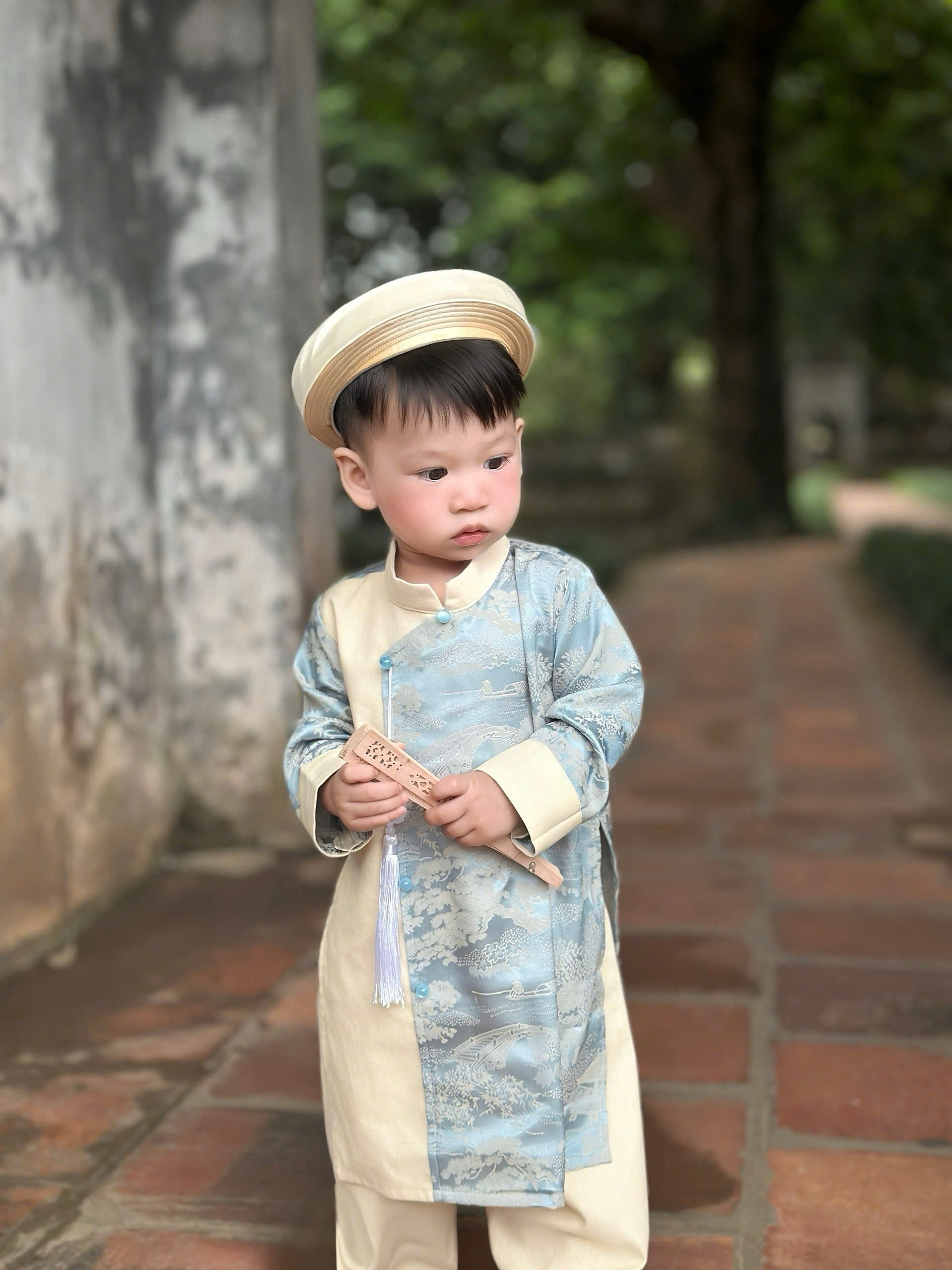 Imperial Mist Áo Dài – Cream Blue Harmony Boy Version (Newborn–9 Years) | Optional Soft Mấn & Ivory Khăn Đóng