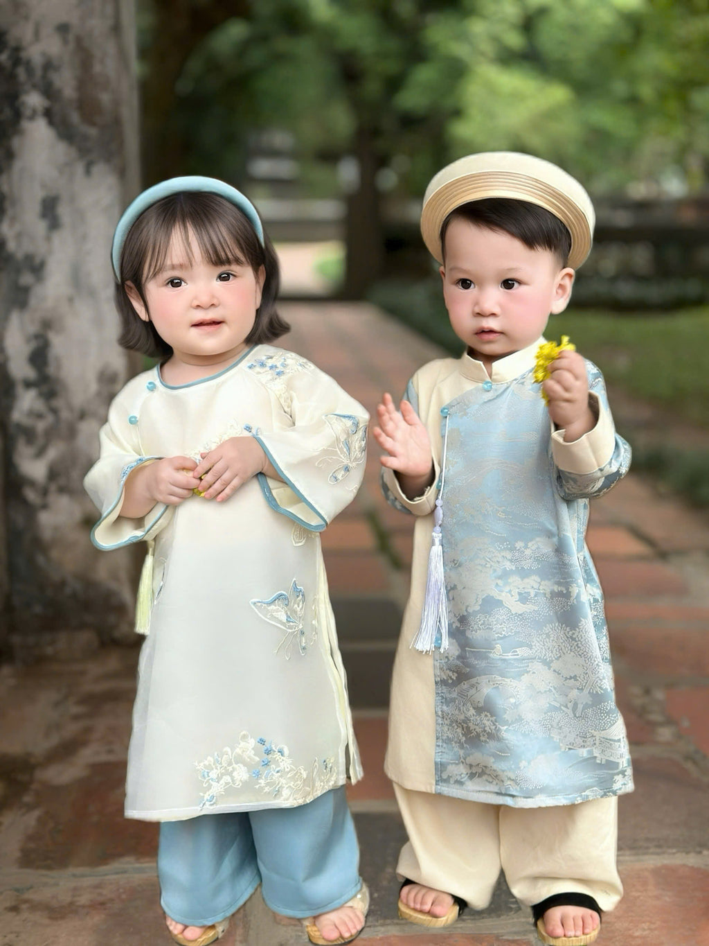 Imperial Mist Áo Dài – Cream Blue Harmony Boy Version (Newborn–9 Years) | Optional Soft Mấn & Ivory Khăn Đóng