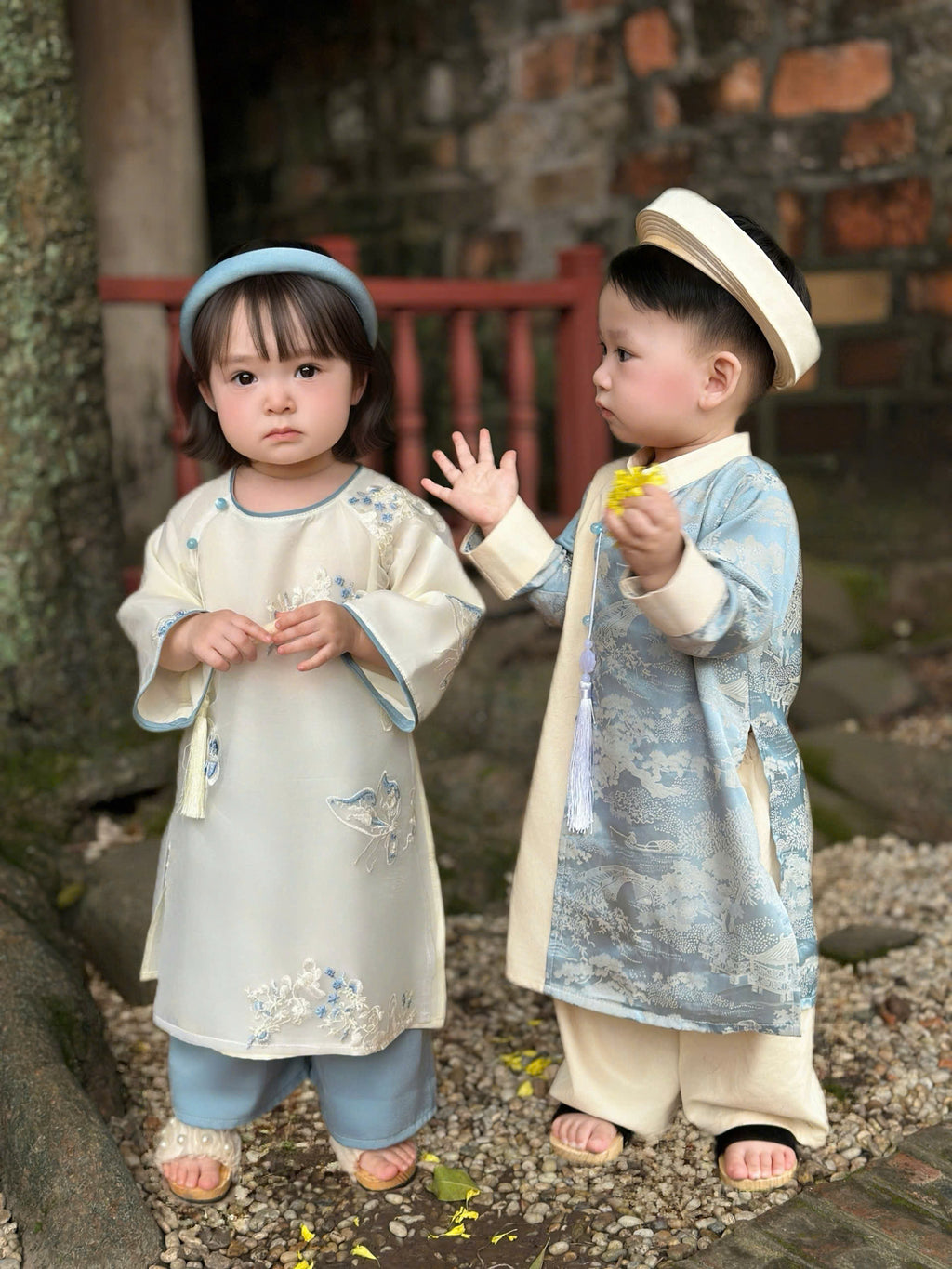 Imperial Mist Áo Dài – Cream Blue Harmony Boy Version (Newborn–9 Years) | Optional Soft Mấn & Ivory Khăn Đóng