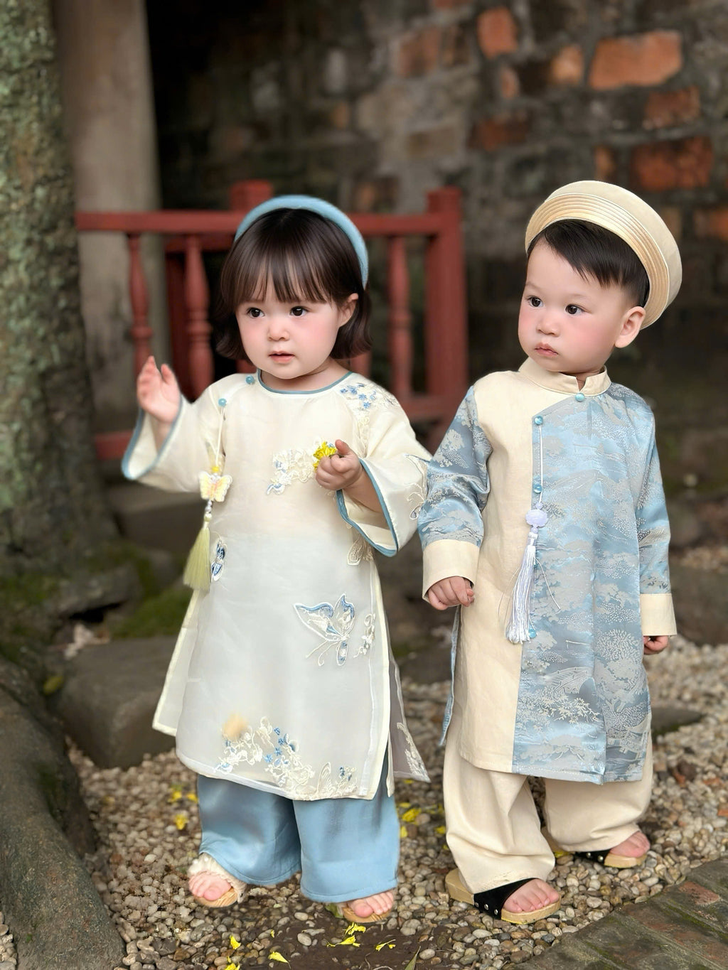 Imperial Mist Áo Dài – Cream Blue Harmony Boy Version (Newborn–9 Years) | Optional Soft Mấn & Ivory Khăn Đóng