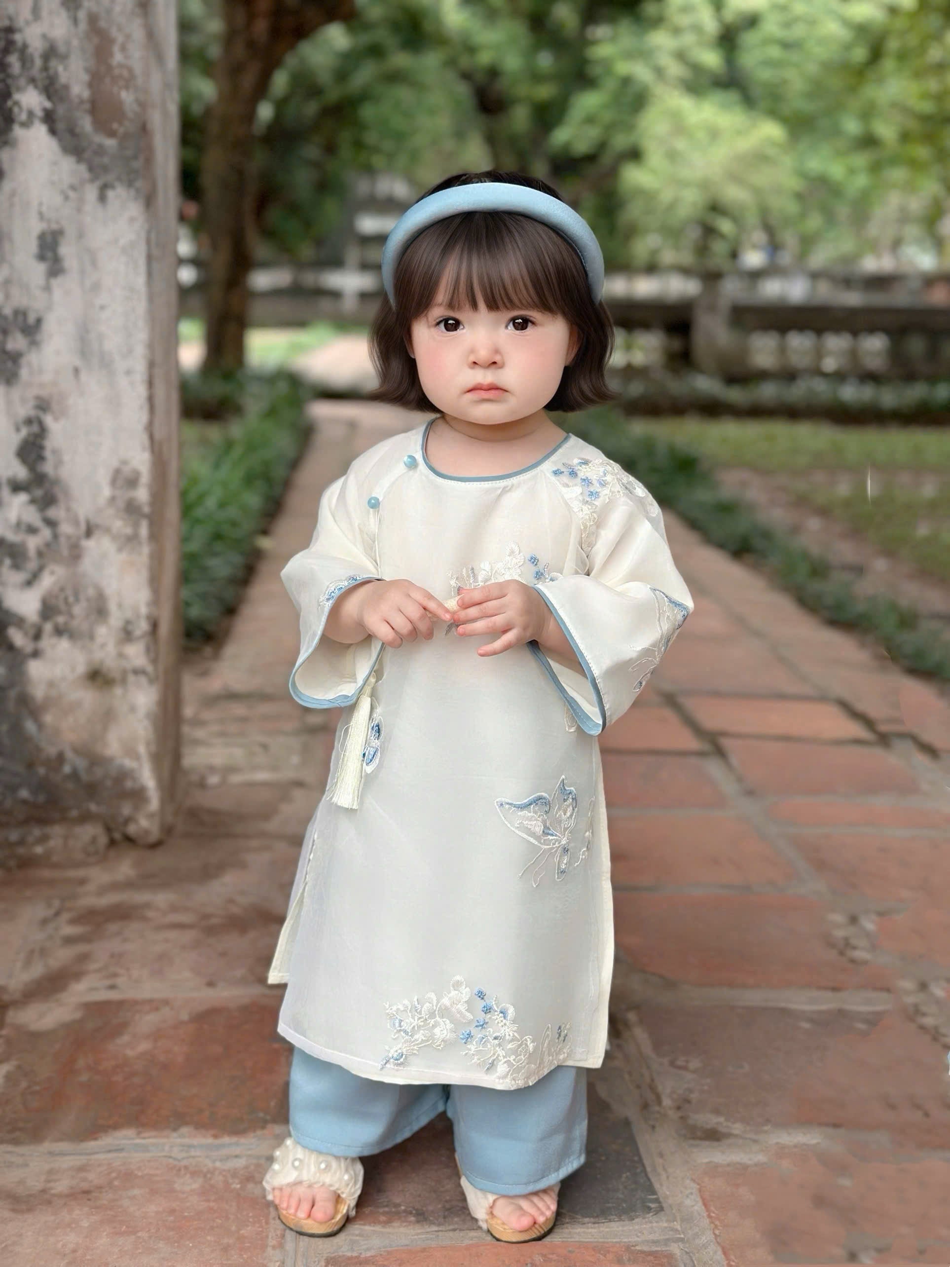 Imperial Mist Áo Dài – Cream Blue Harmony Girl Version (Newborn–6 Years) | Premium Headband Included