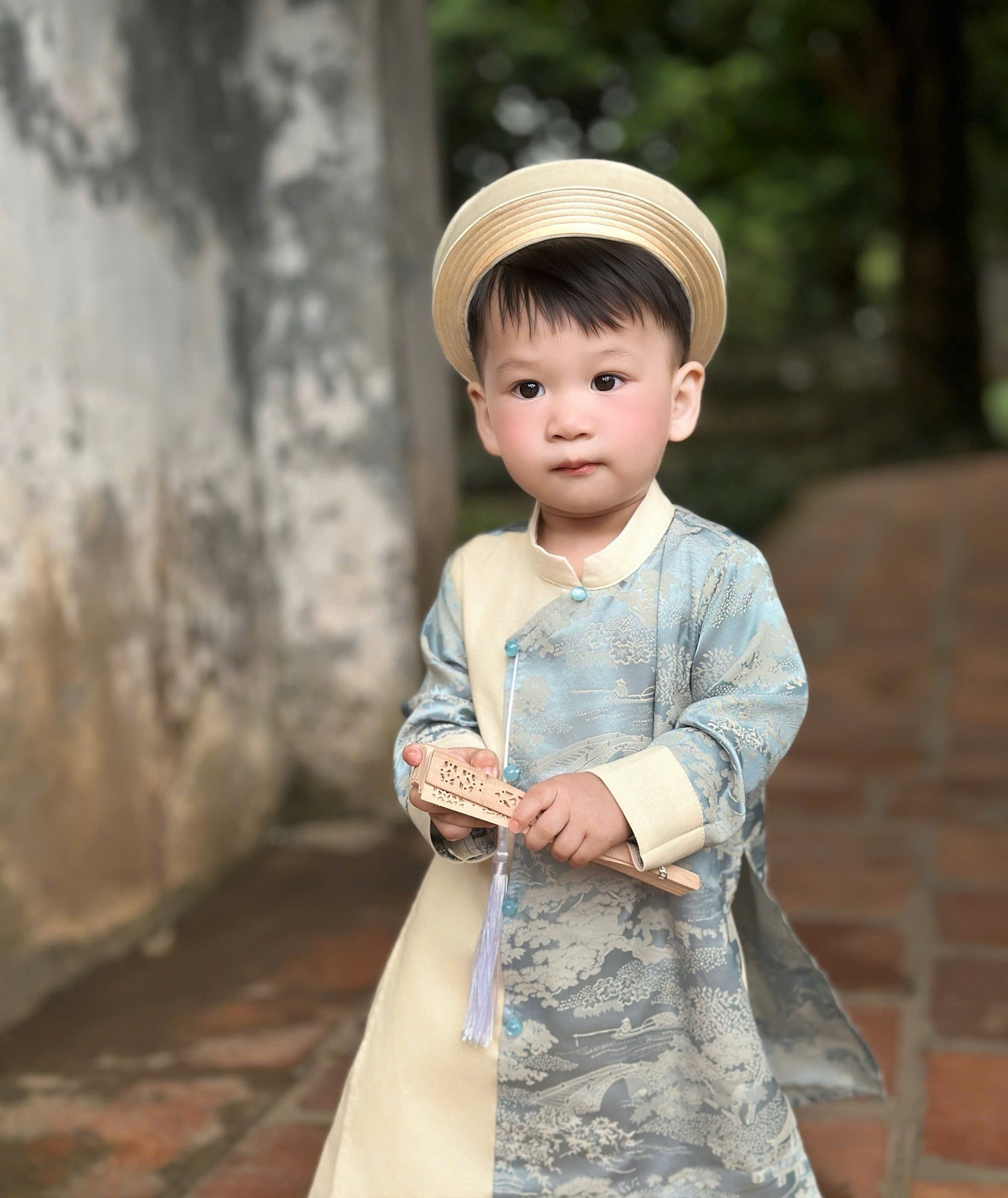 Imperial Mist Áo Dài – Cream Blue Harmony Boy Version (Newborn–9 Years) | Optional Soft Mấn & Ivory Khăn Đóng