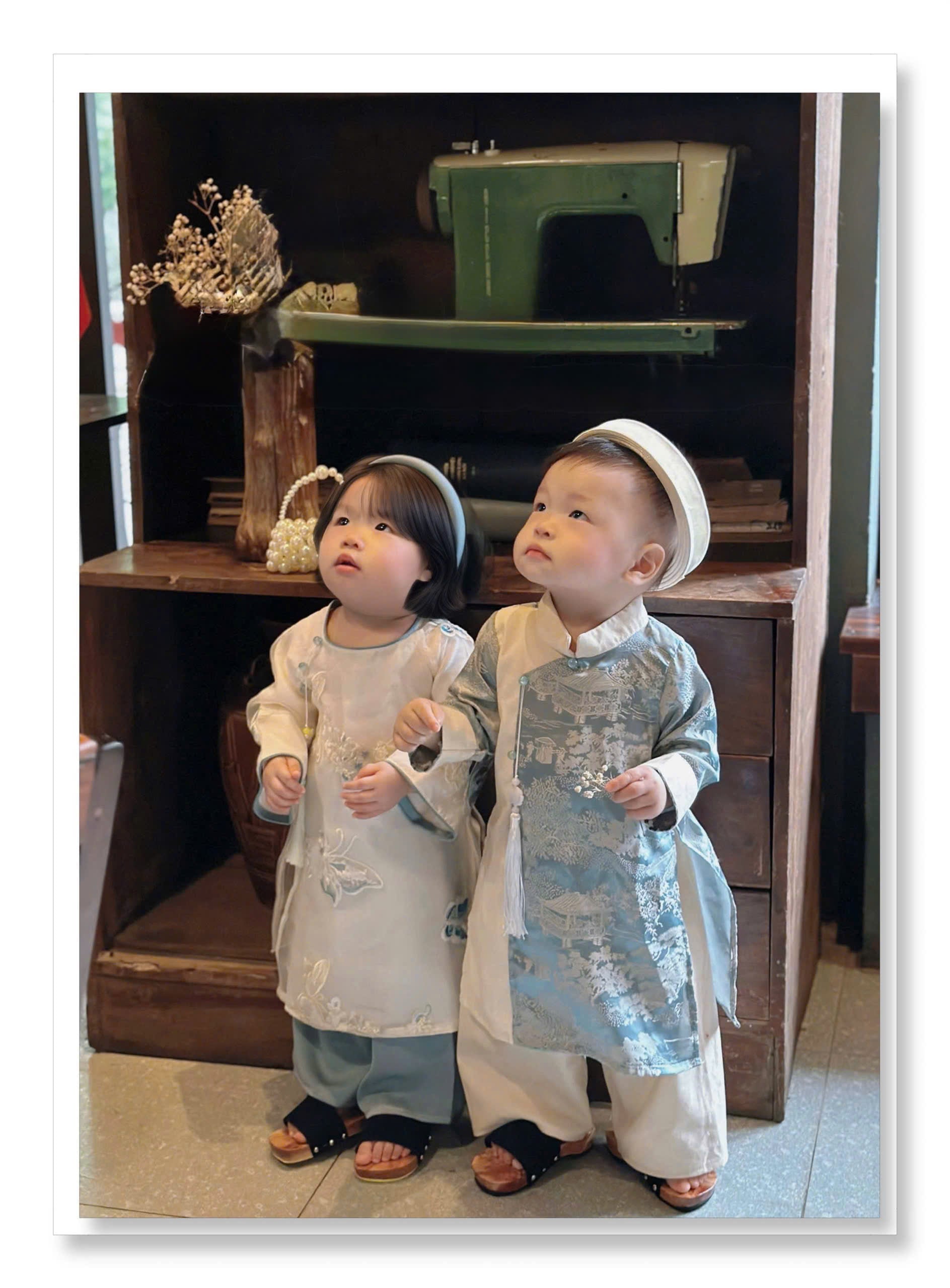 Imperial Mist Áo Dài – Cream Blue Harmony Boy Version (Newborn–9 Years) | Optional Soft Mấn & Ivory Khăn Đóng