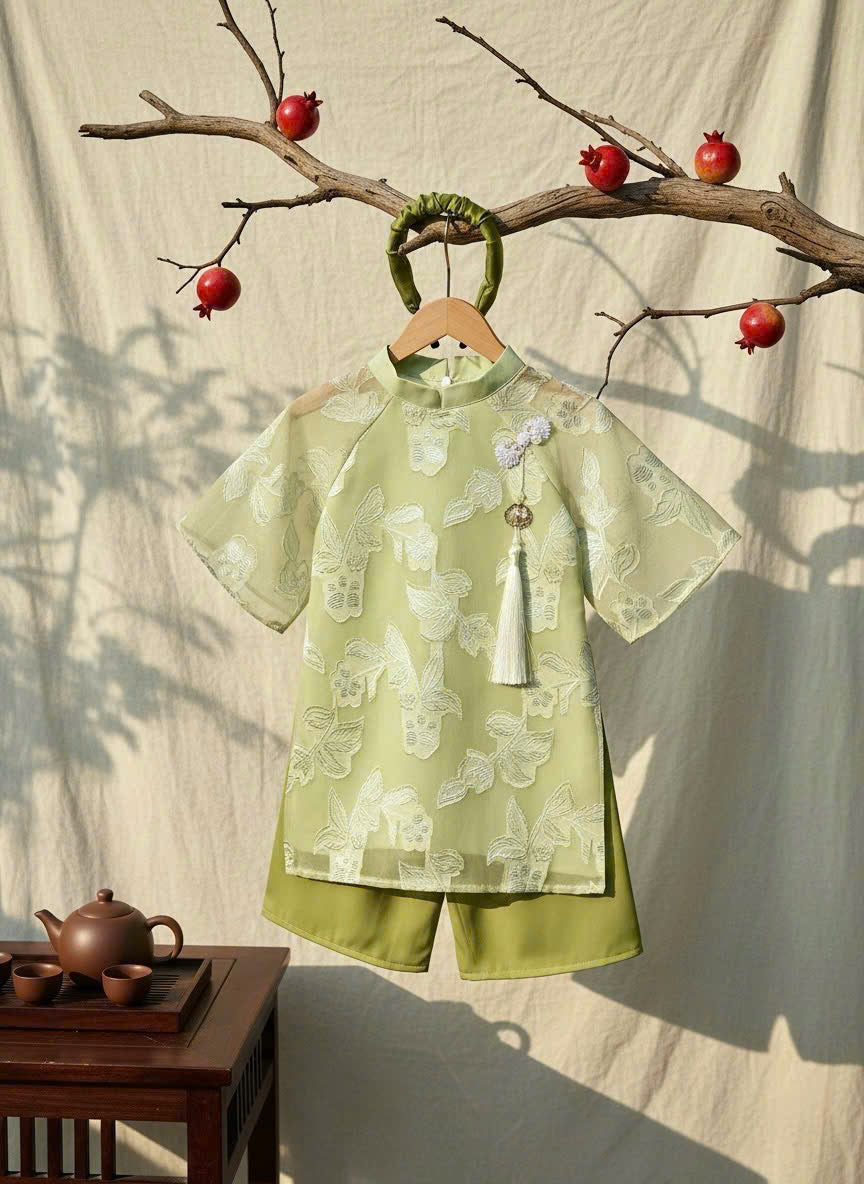 Patched Silk Áo Dài Set – Jade Whisper (12 Months–4 Years) | Traditional Vietnamese Outfit for Girls | Matching Headband Included