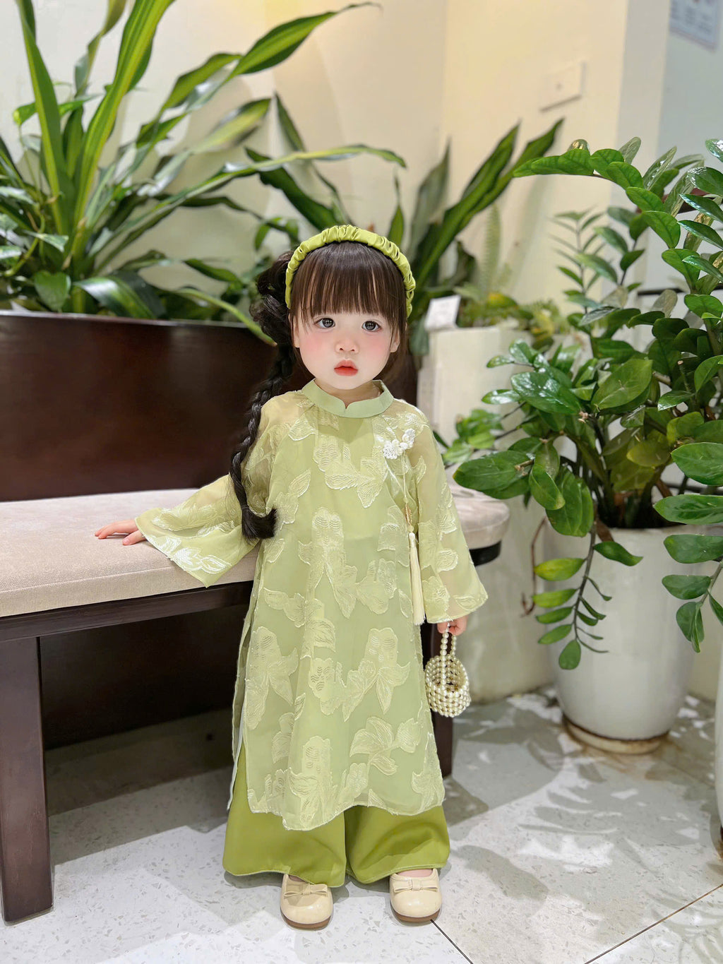 Patched Silk Áo Dài Set – Jade Whisper (12 Months–4 Years) | Traditional Vietnamese Outfit for Girls | Matching Headband Included