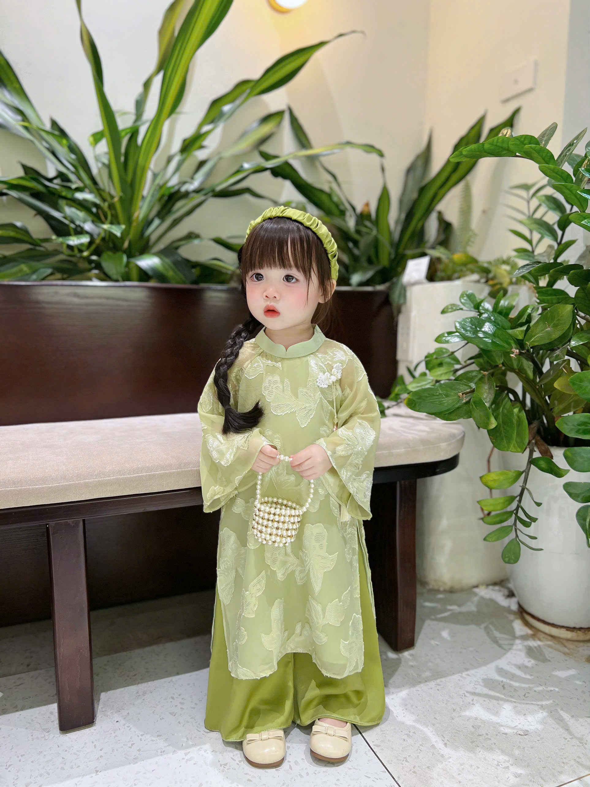 Patched Silk Áo Dài Set – Jade Whisper (12 Months–4 Years) | Traditional Vietnamese Outfit for Girls | Matching Headband Included