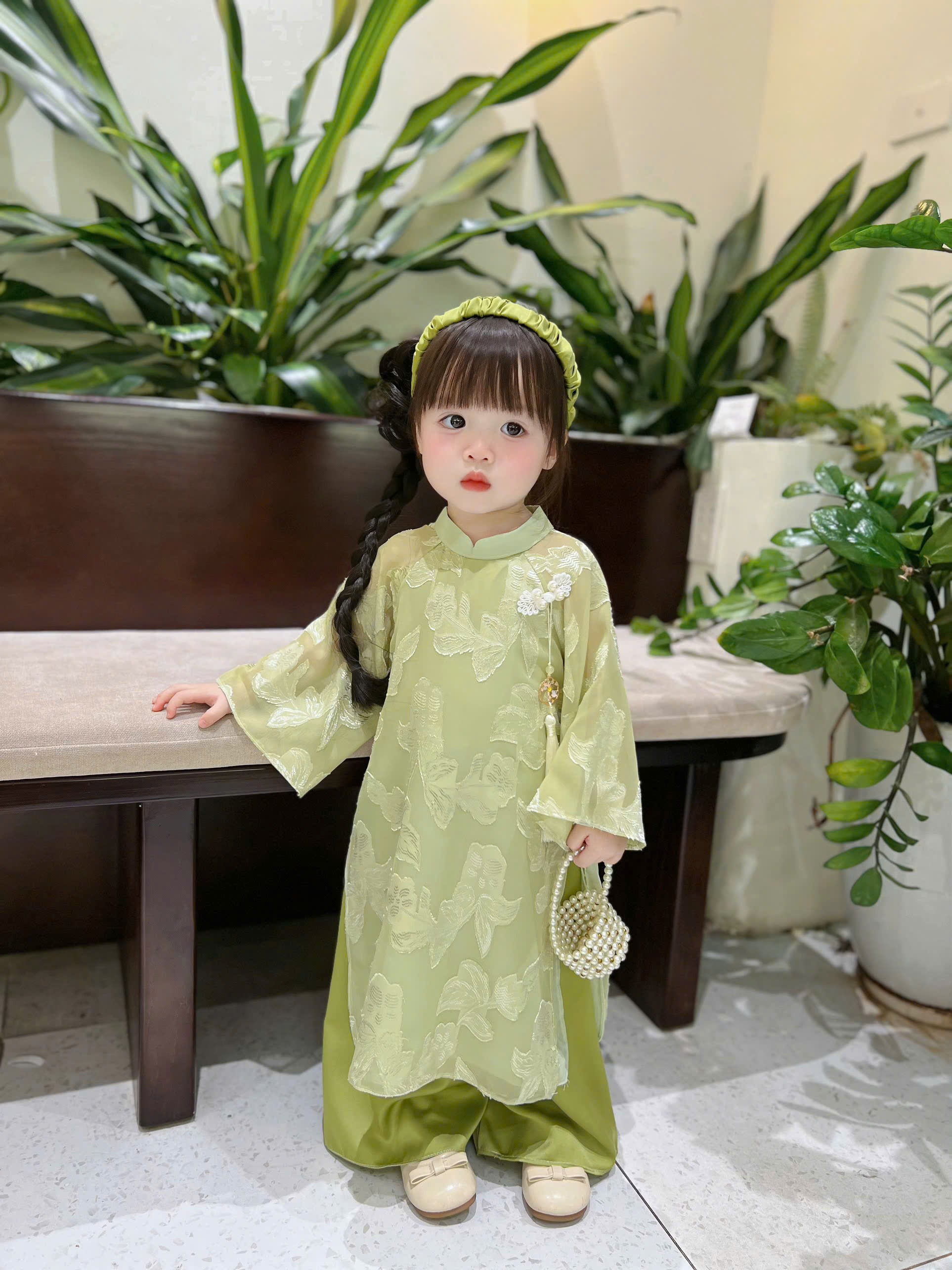 Patched Silk Áo Dài Set – Jade Whisper (12 Months–4 Years) | Traditional Vietnamese Outfit for Girls | Matching Headband Included