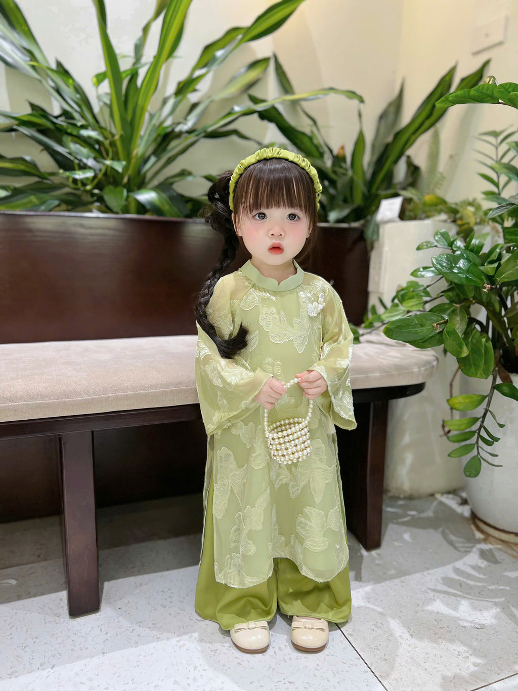 Patched Silk Áo Dài Set – Jade Whisper (12 Months–4 Years) | Traditional Vietnamese Outfit for Girls | Matching Headband Included