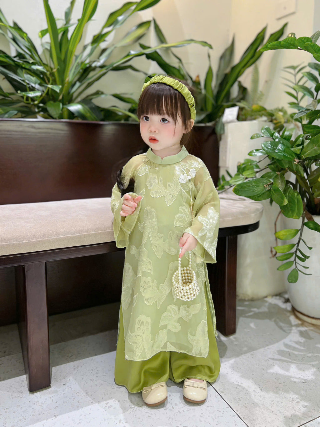 Patched Silk Áo Dài Set – Jade Whisper (12 Months–4 Years) | Traditional Vietnamese Outfit for Girls | Matching Headband Included