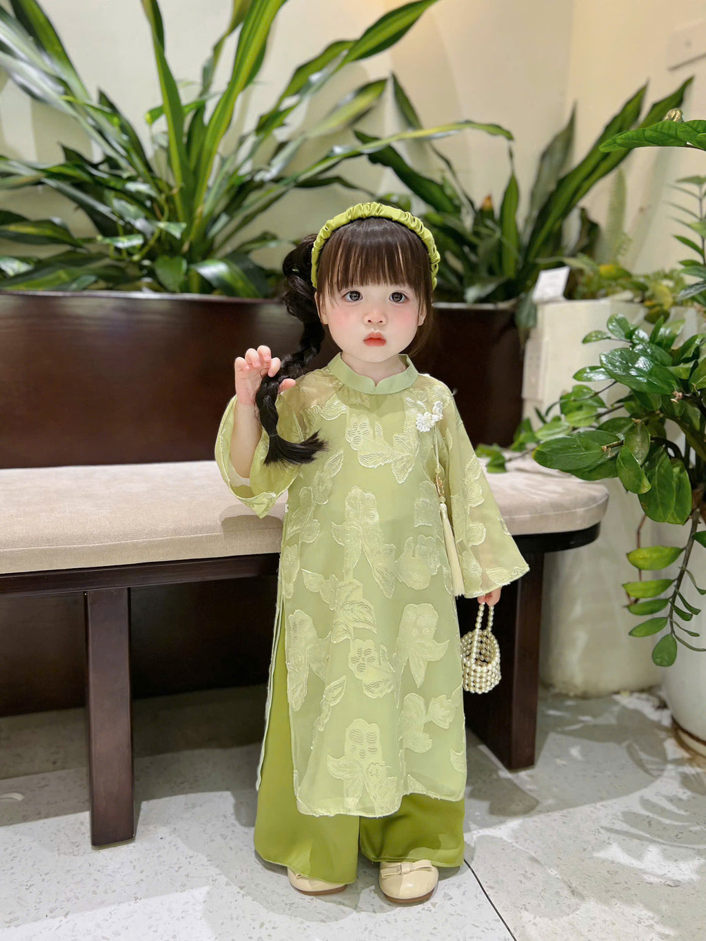 Patched Silk Áo Dài Set – Jade Whisper (12 Months–4 Years) | Traditional Vietnamese Outfit for Girls | Matching Headband Included