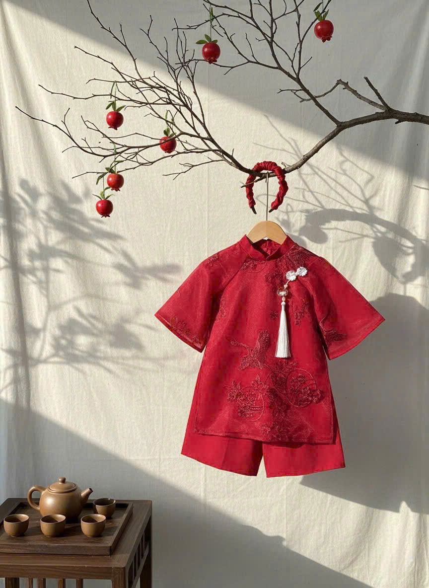 Patched Silk Áo Dài Set – Phoenix Red (6 Months–4 Years) | Traditional Vietnamese Outfit for Girls | Matching Headband Included