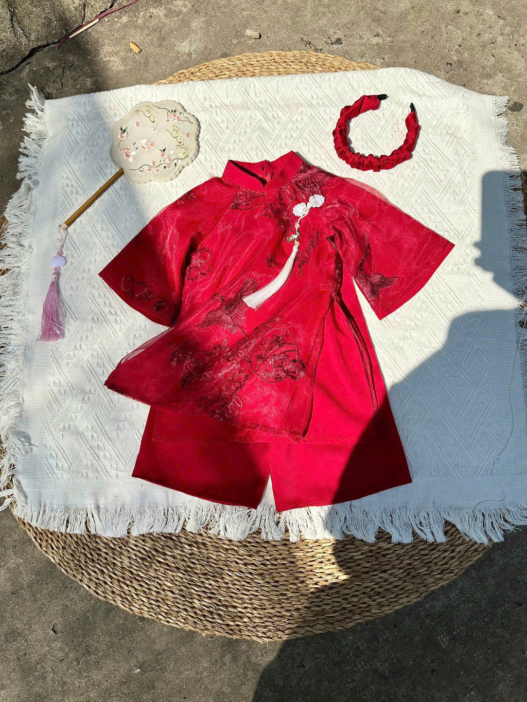 Patched Silk Áo Dài Set – Phoenix Red (6 Months–4 Years) | Traditional Vietnamese Outfit for Girls | Matching Headband Included