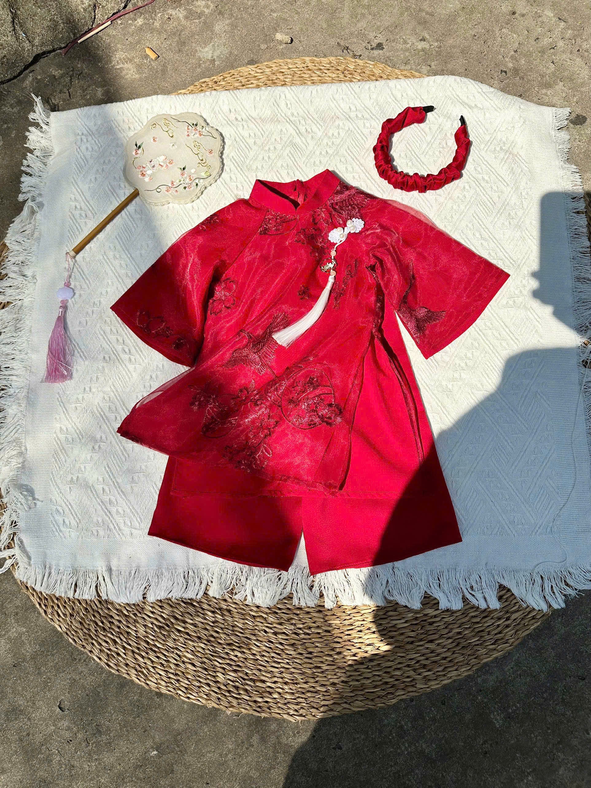 Patched Silk Áo Dài Set – Phoenix Red (6 Months–4 Years) | Traditional Vietnamese Outfit for Girls | Matching Headband Included