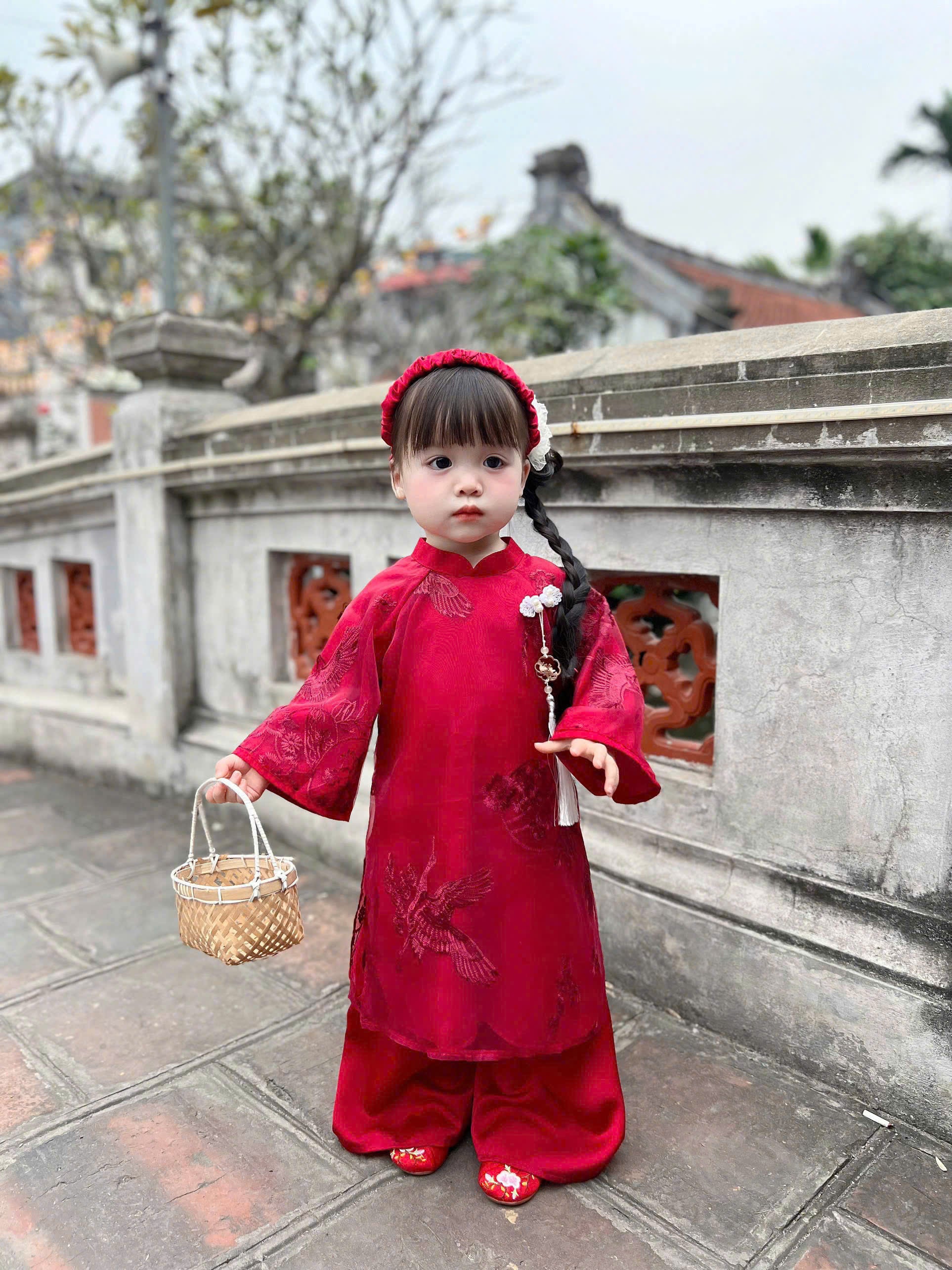 Patched Silk Áo Dài Set – Phoenix Red (6 Months–4 Years) | Traditional Vietnamese Outfit for Girls | Matching Headband Included