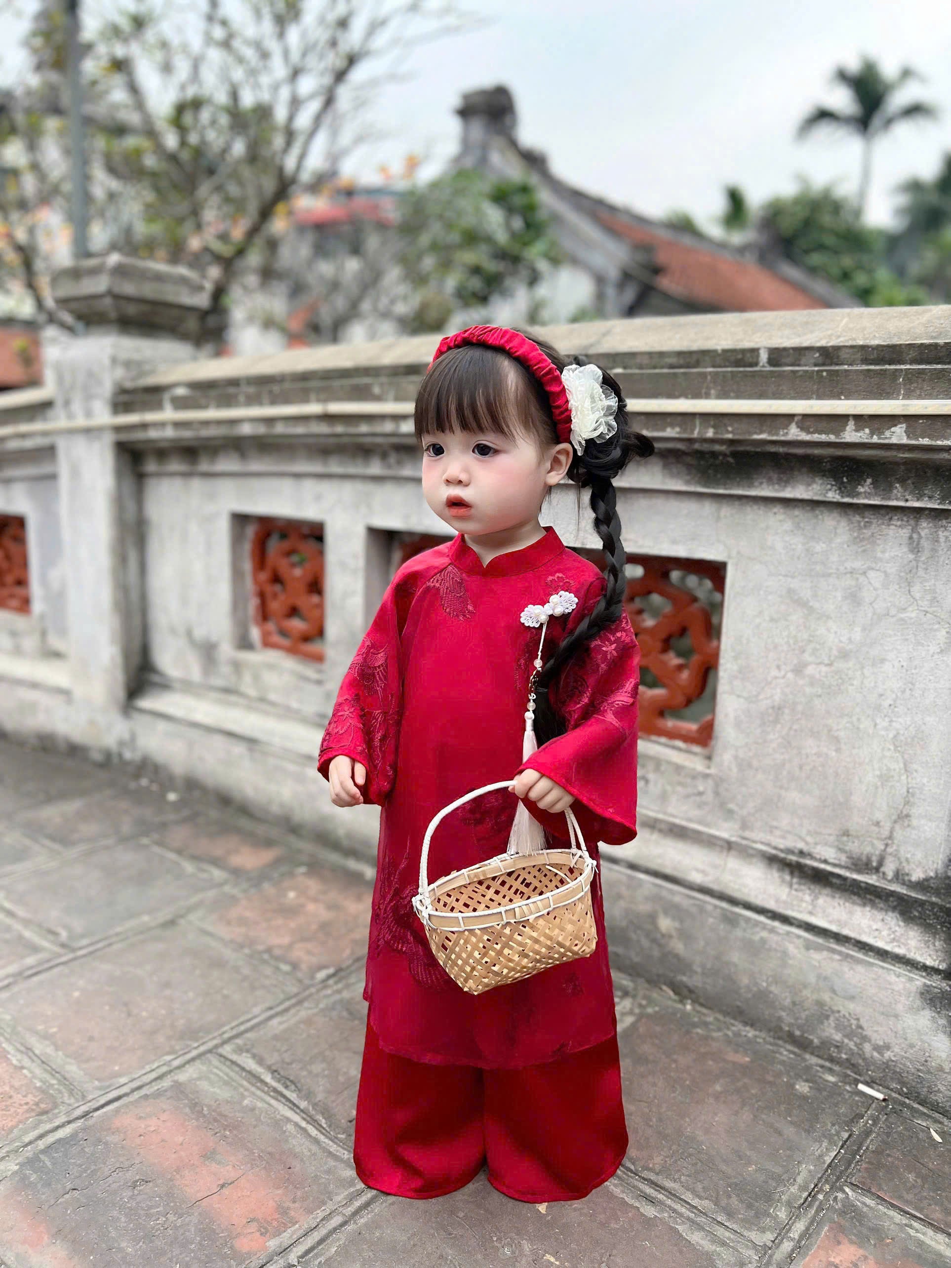 Patched Silk Áo Dài Set – Phoenix Red (6 Months–4 Years) | Traditional Vietnamese Outfit for Girls | Matching Headband Included
