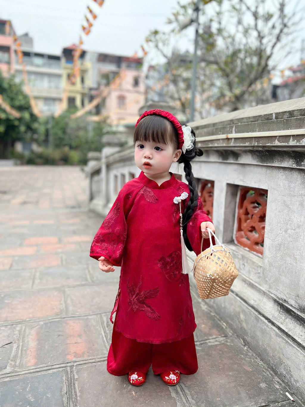 Patched Silk Áo Dài Set – Phoenix Red (6 Months–4 Years) | Traditional Vietnamese Outfit for Girls | Matching Headband Included