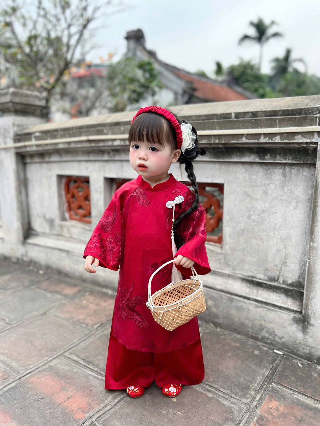 Patched Silk Áo Dài Set – Phoenix Red (6 Months–4 Years) | Traditional Vietnamese Outfit for Girls | Matching Headband Included