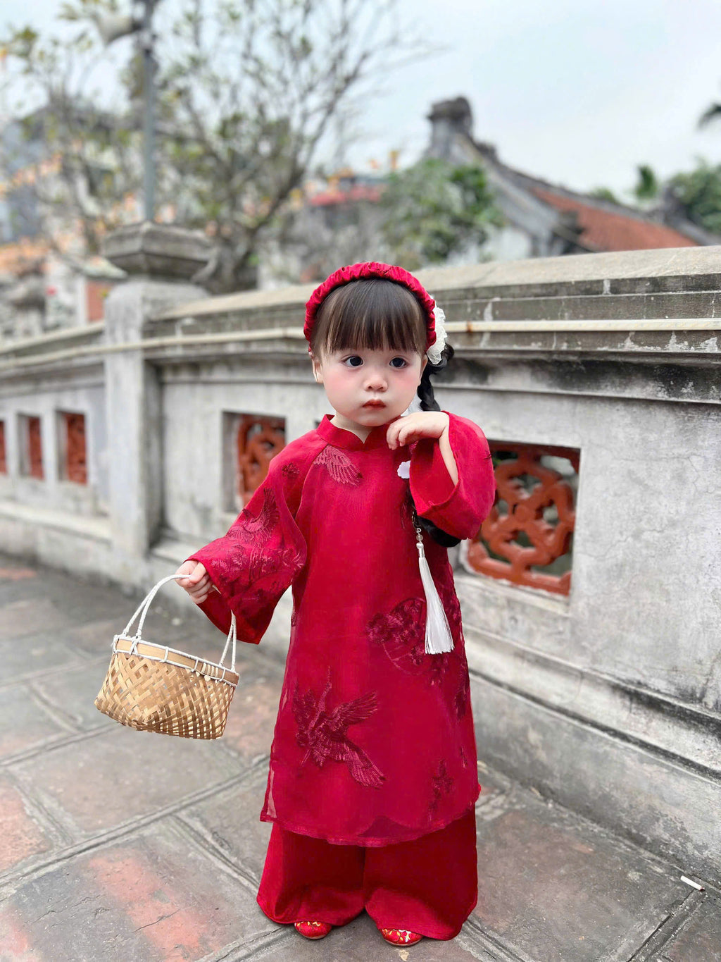 Patched Silk Áo Dài Set – Phoenix Red (6 Months–4 Years) | Traditional Vietnamese Outfit for Girls | Matching Headband Included