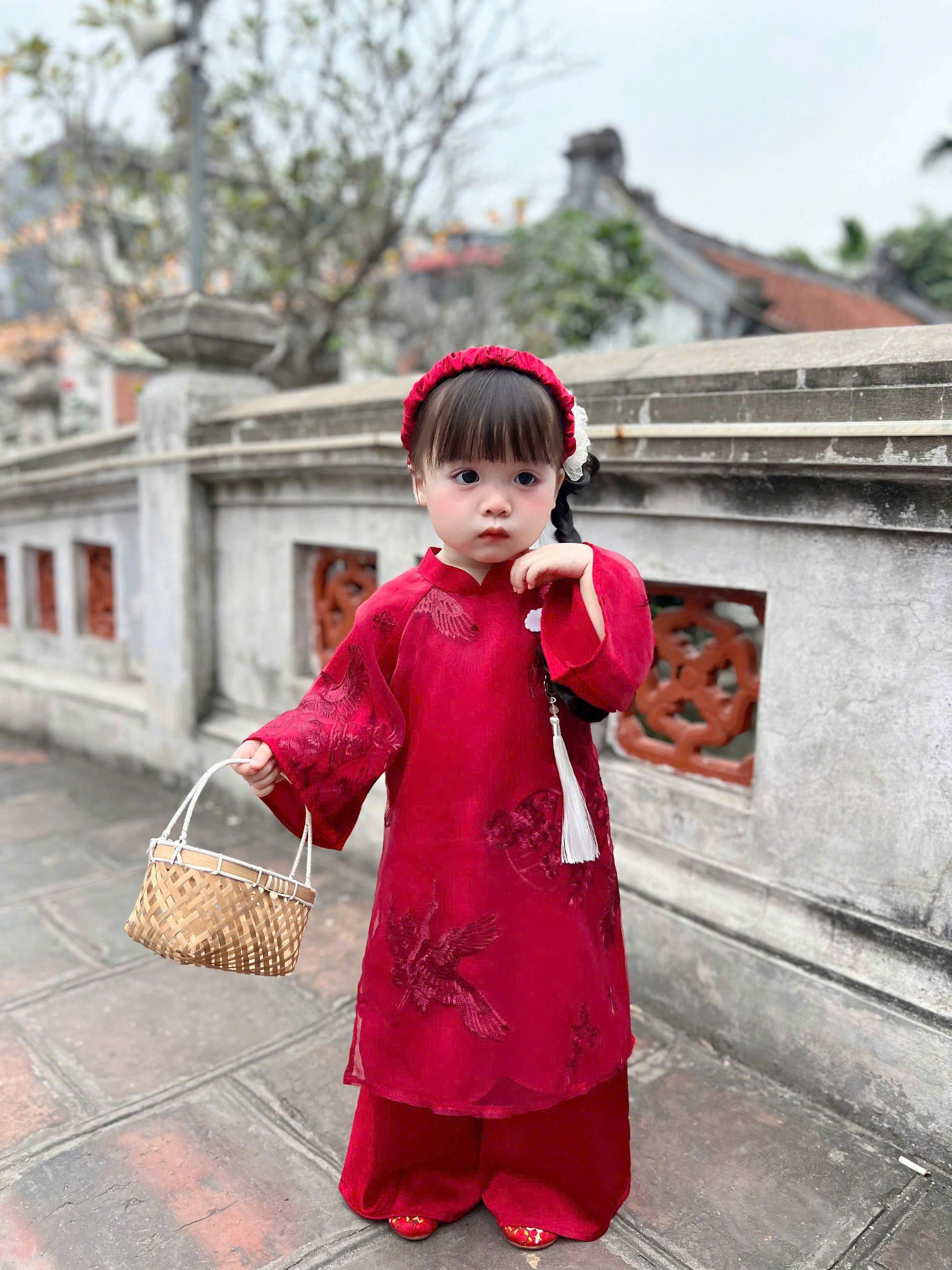 Patched Silk Áo Dài Set – Phoenix Red (6 Months–4 Years) | Traditional Vietnamese Outfit for Girls | Matching Headband Included