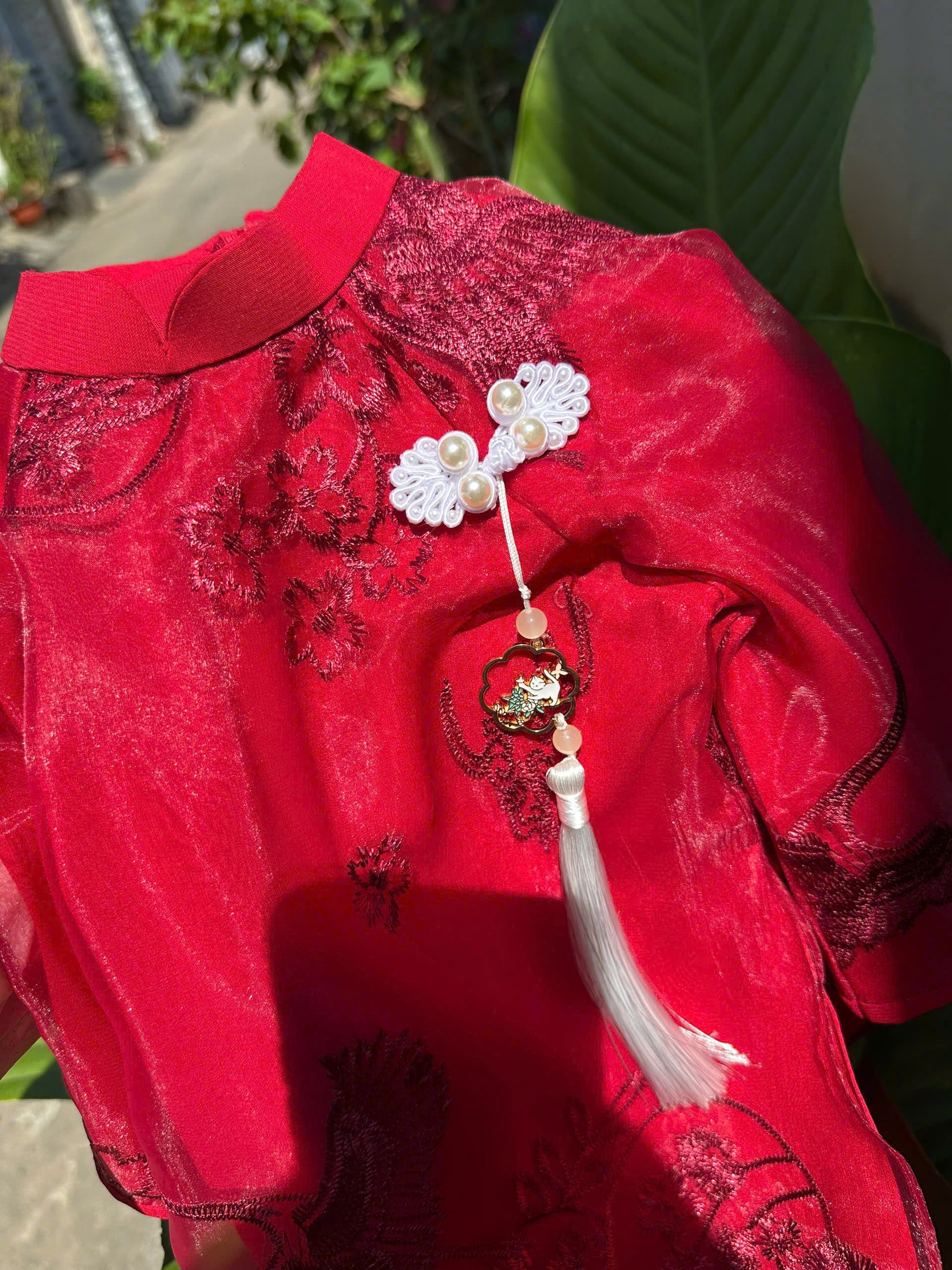 Patched Silk Áo Dài Set – Phoenix Red (6 Months–4 Years) | Traditional Vietnamese Outfit for Girls | Matching Headband Included