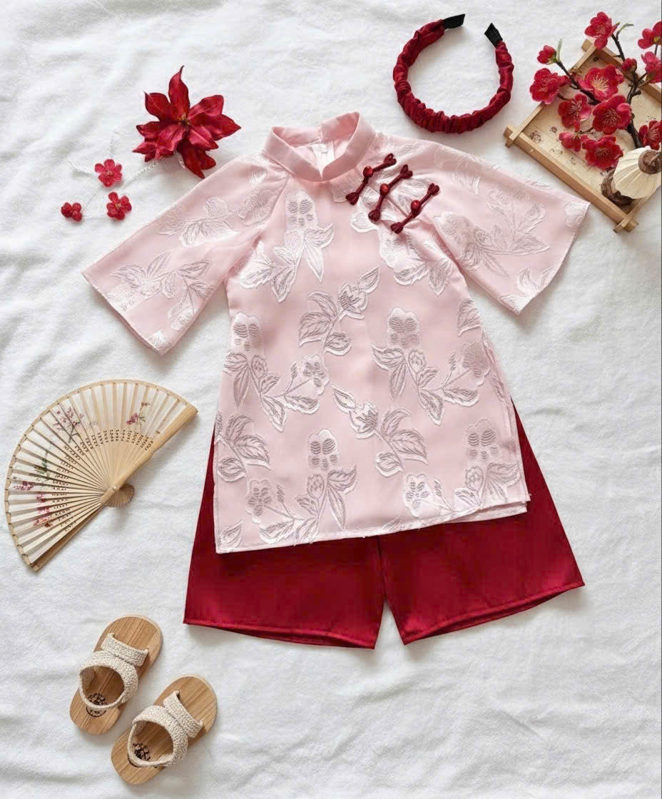 Patched Silk Áo Dài Set – Rosy Grace (6 Months–4 Years) | Traditional Vietnamese Outfit for Girls | Matching Headband Included