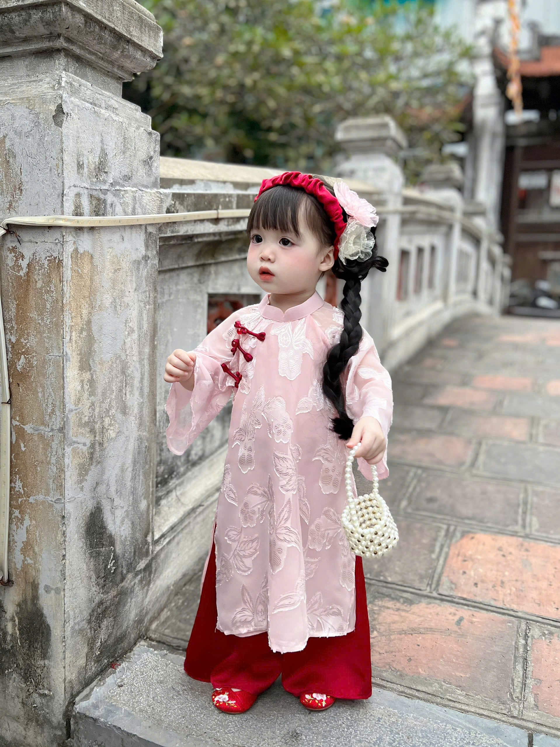 Patched Silk Áo Dài Set – Rosy Grace (6 Months–4 Years) | Traditional Vietnamese Outfit for Girls | Matching Headband Included