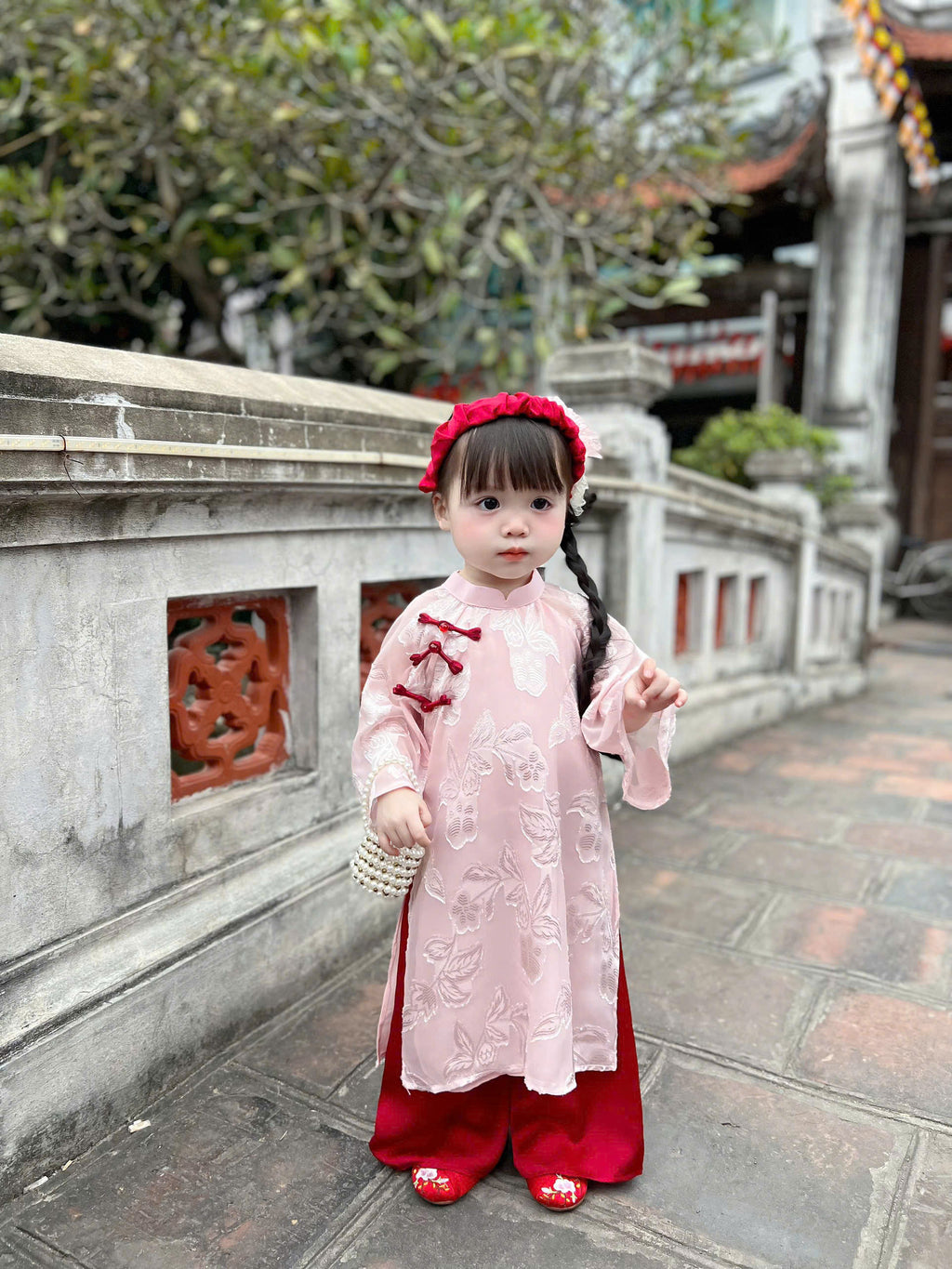 Patched Silk Áo Dài Set – Rosy Grace (6 Months–4 Years) | Traditional Vietnamese Outfit for Girls | Matching Headband Included